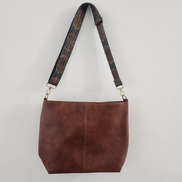 Unisex Dark Brown Tote Bag With Patterned Boho Strap - Picture 11 of 13